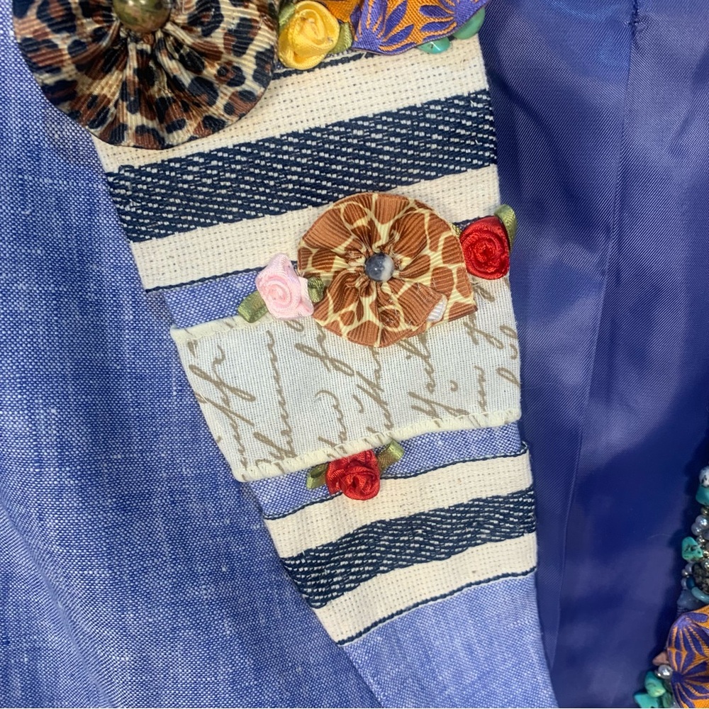 Talbots 100% Linen Embellished Appliqué Detail Lapels Stones Beading Roses - Picture 6 of 11